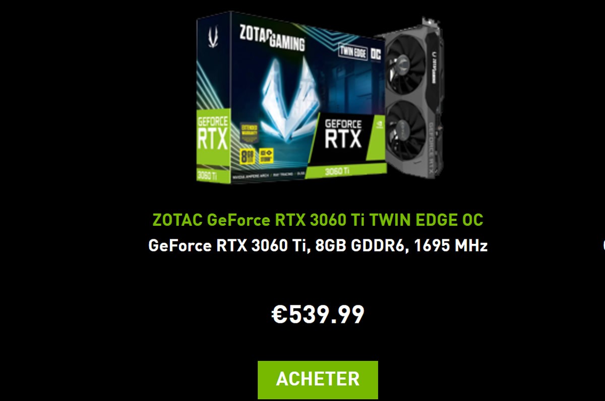 Il y aura aussi de la ZOTAC GeForce RTX 3060 Ti Twin Edge OC à 539.90 euros