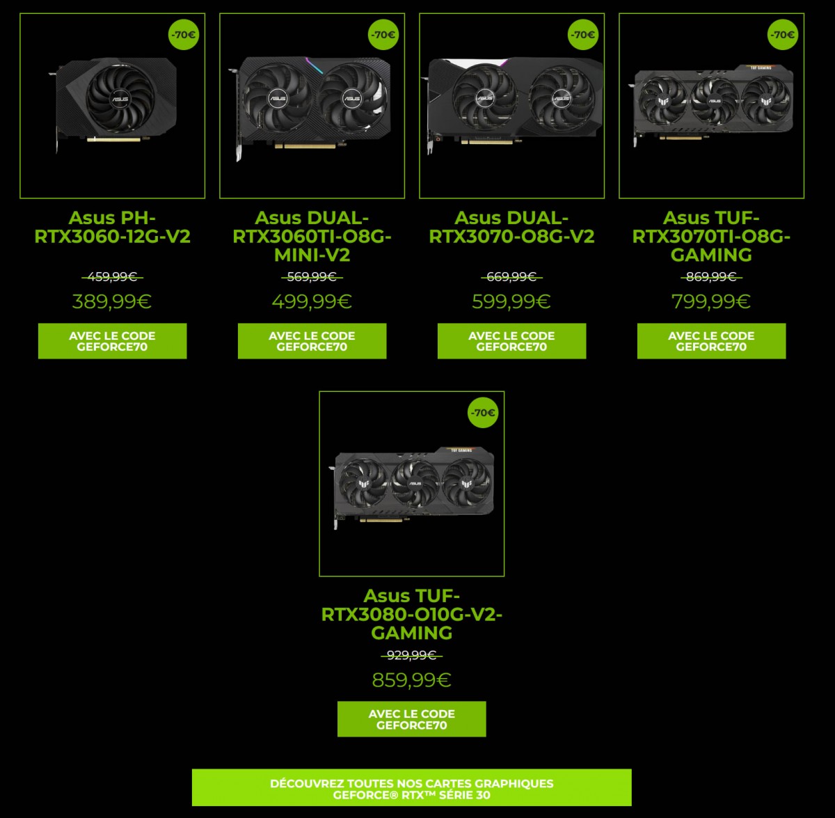 - 70 euros sur une sélection de cartes graphiques NVIDIA ASUS GeForce RTX 3000 chez Cybertek