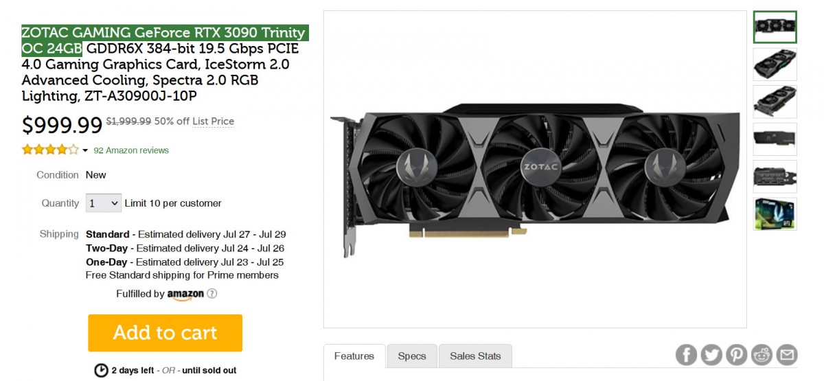La ZOTAC GAMING GeForce RTX 3090 Trinity OC 24 Go tombe à 999 dollars aux USA...