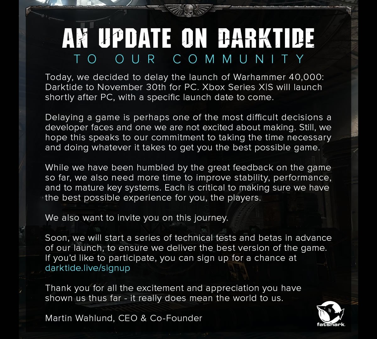 Warhammer 40,000: Darktide une nouvelle fois reporté