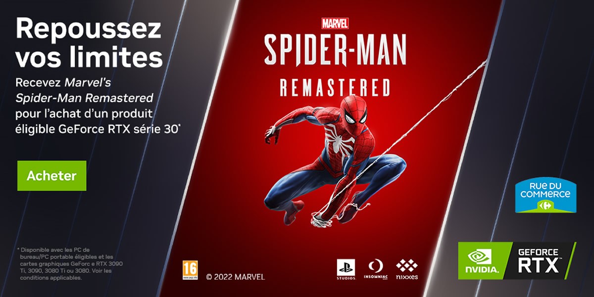 Profitez du jeu Marvel's Spider-Man Remastered offert et des meilleurs prix sur les GPU NVIDIA RTX 3080 et au dessus avec RDC durant les French Days
