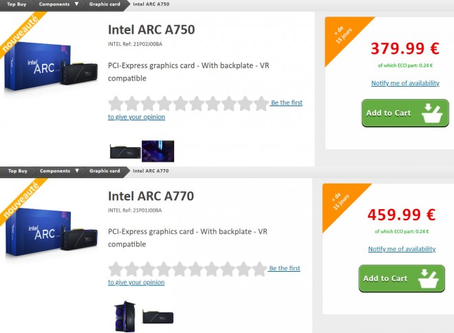 Les Intel Arc A750 et A770 listées en France chez Topachat, à partir de 379 euros