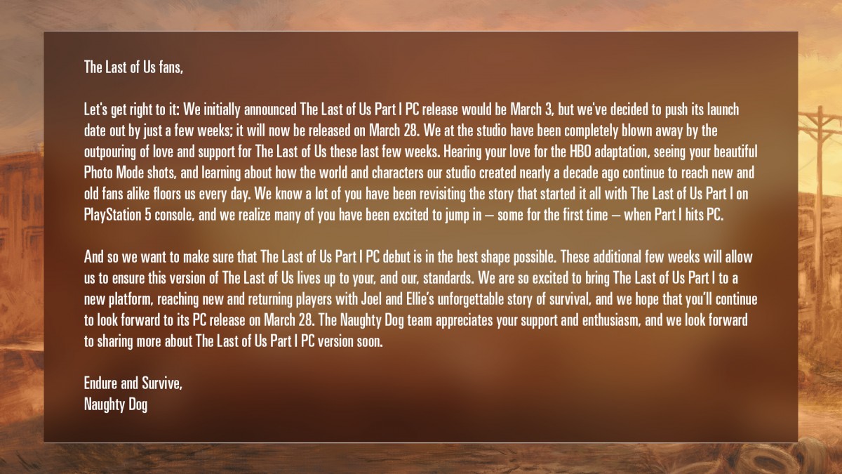 The Last of Us Part I finalement pour le 28 mars sur nos PC