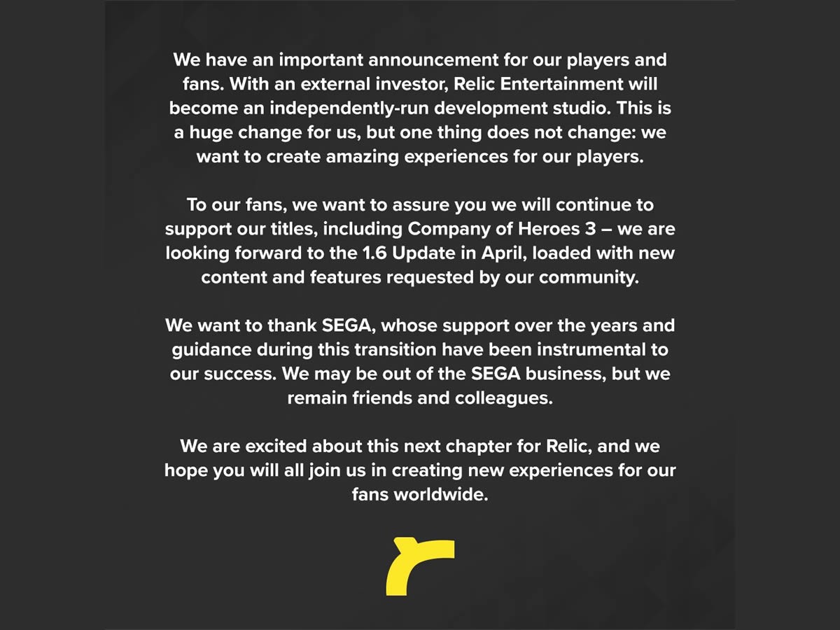 Relic Entertainment prend son envol et quitte SEGA