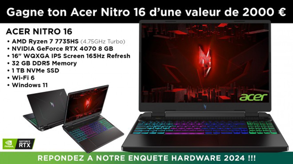 Enquête Hardware 2024 Cowcotland : Participez et tentez de gagner un laptop Gamer Acer Nitro 16 d'une valeur de 2000 euros !