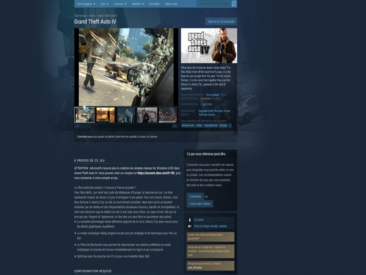 Le jeu vidéo GTA IV n'est plus disponible à la vente sur Steam