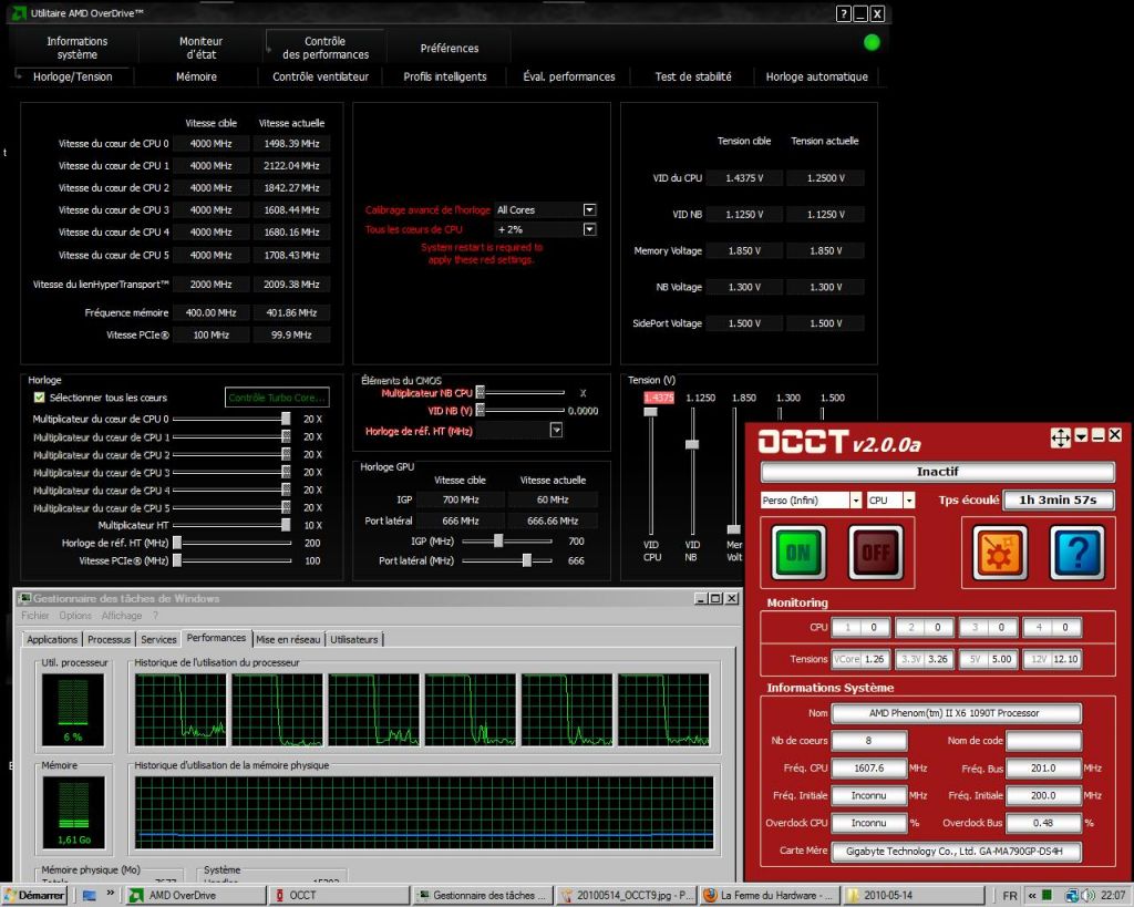 Screenshot Phenom 1090T , 6 cores  100 % sous OCCT : Tensions, occupation processeurs et frquences aprs l' arrt du test