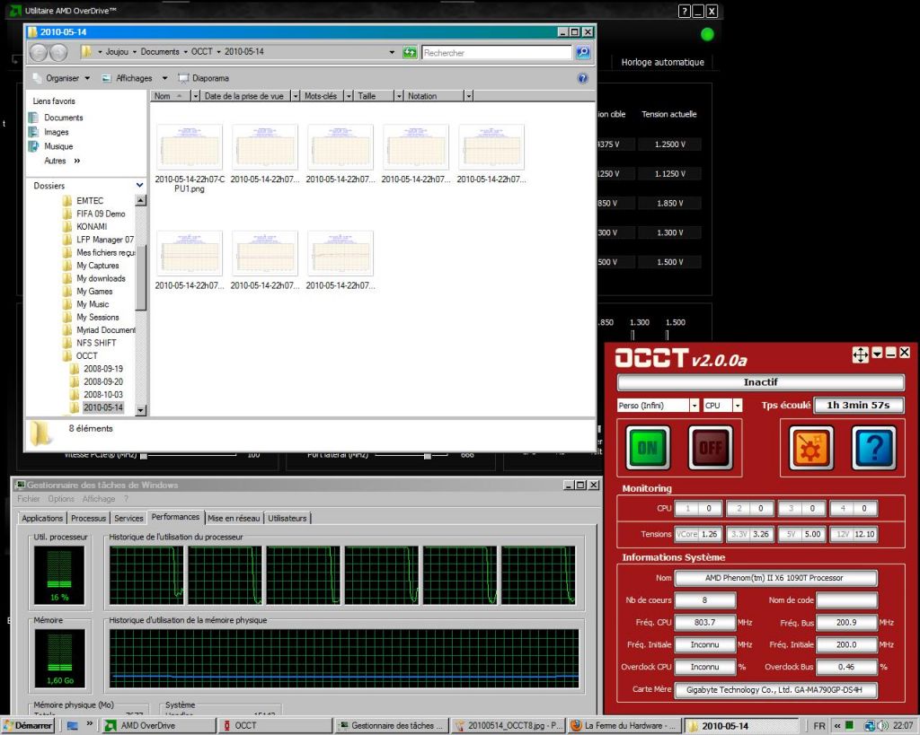 Screenshot Phenom II 1090T 6 cores � 100 % sous OCCT : Fin du test apr�s 1h 4mn