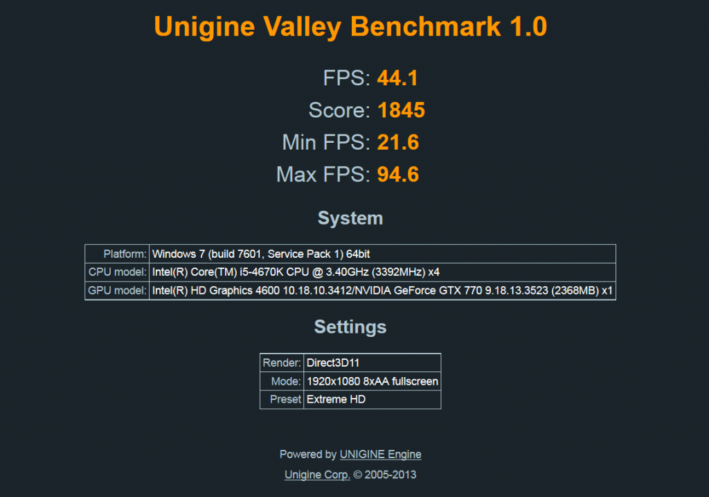 Unigine Valley Benchmark Rsultat de ma config sur le Benchmark Unigine Valley.