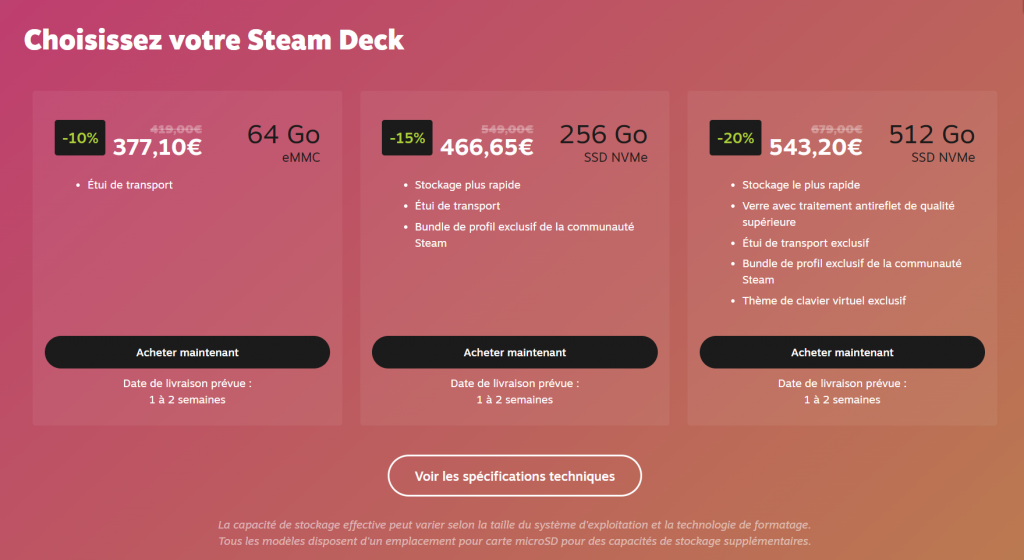 Steam Deck Prix steam deck